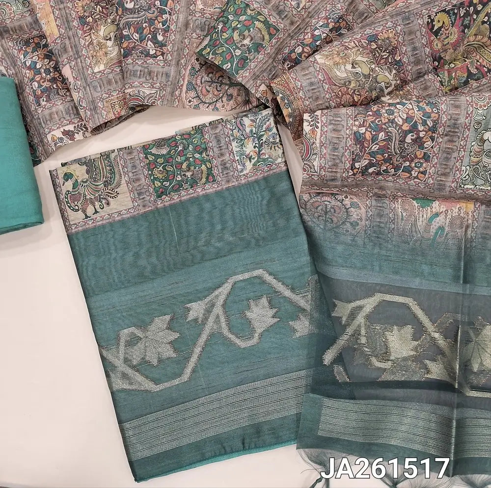 Designer pastel Blue premium tussar silk cotton unstitched salwar material (lining needed) kalamkari print, zari woven organza daman, matching santoon bottom, digital kalamkari printed tussar silk cotton dupatta with tassels. JA261517