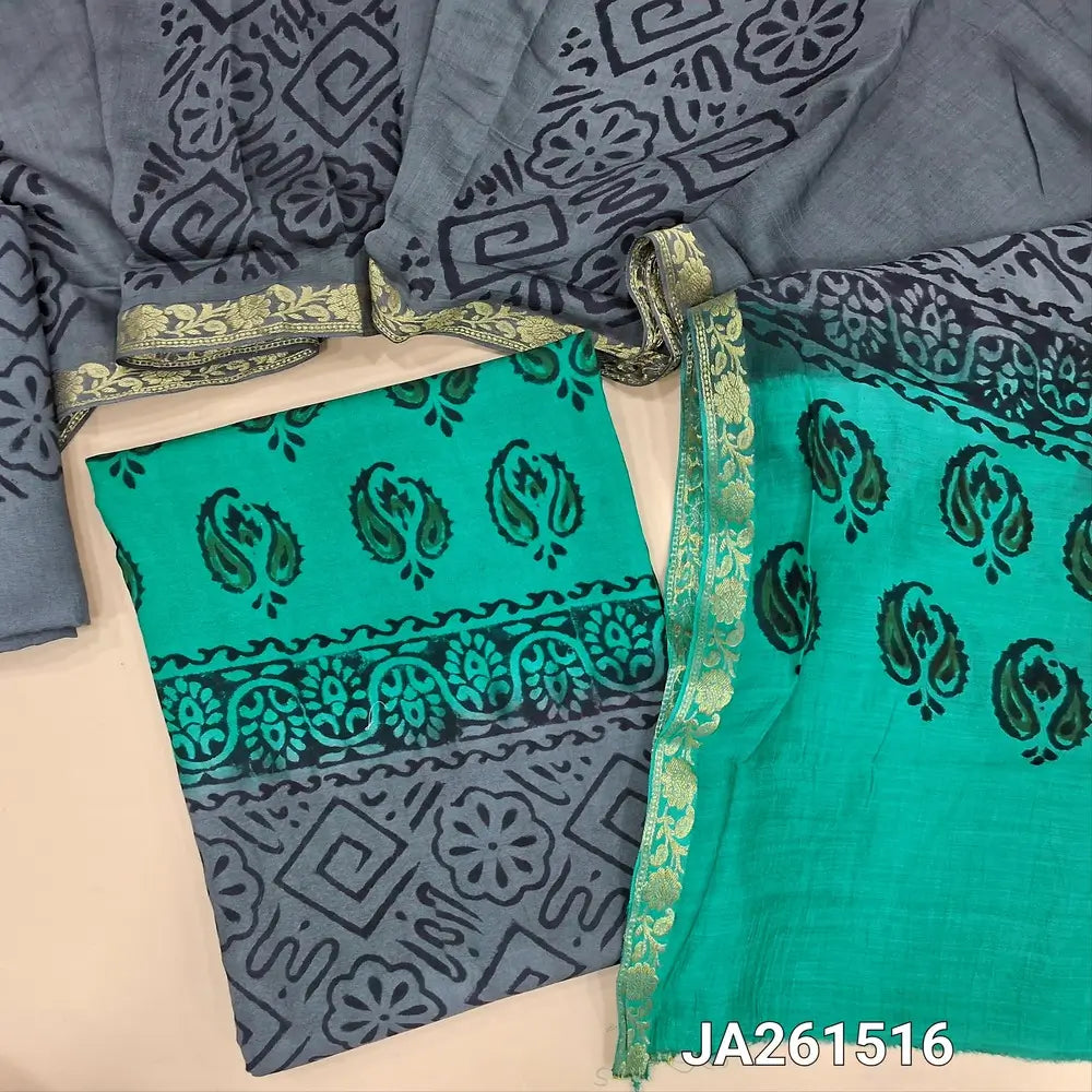 Grey& Green uppada silk unstitched salwar material (lining needed) hand block printed allover, printed santoon bottom, hand block printed dual shade uppada silk dupatta (TAPING NEEDED). JA261516 (there will be inconsistency of color and block prints)