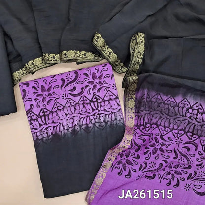 Black & purple uppada silk unstitched salwar material (lining needed) hand block printed allover, printed santoon bottom, hand block printed dual shade uppada silk dupatta (TAPING NEEDED). JA261515 (there will be inconsistency of color and block prints)