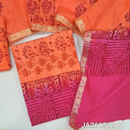 Orange & Pink uppada silk unstitched salwar material (lining needed) hand block printed allover, printed santoon bottom, hand block printed dual shade uppada silk dupatta (TAPING NEEDED). JA261511 (there will be inconsistency of color and block prints)