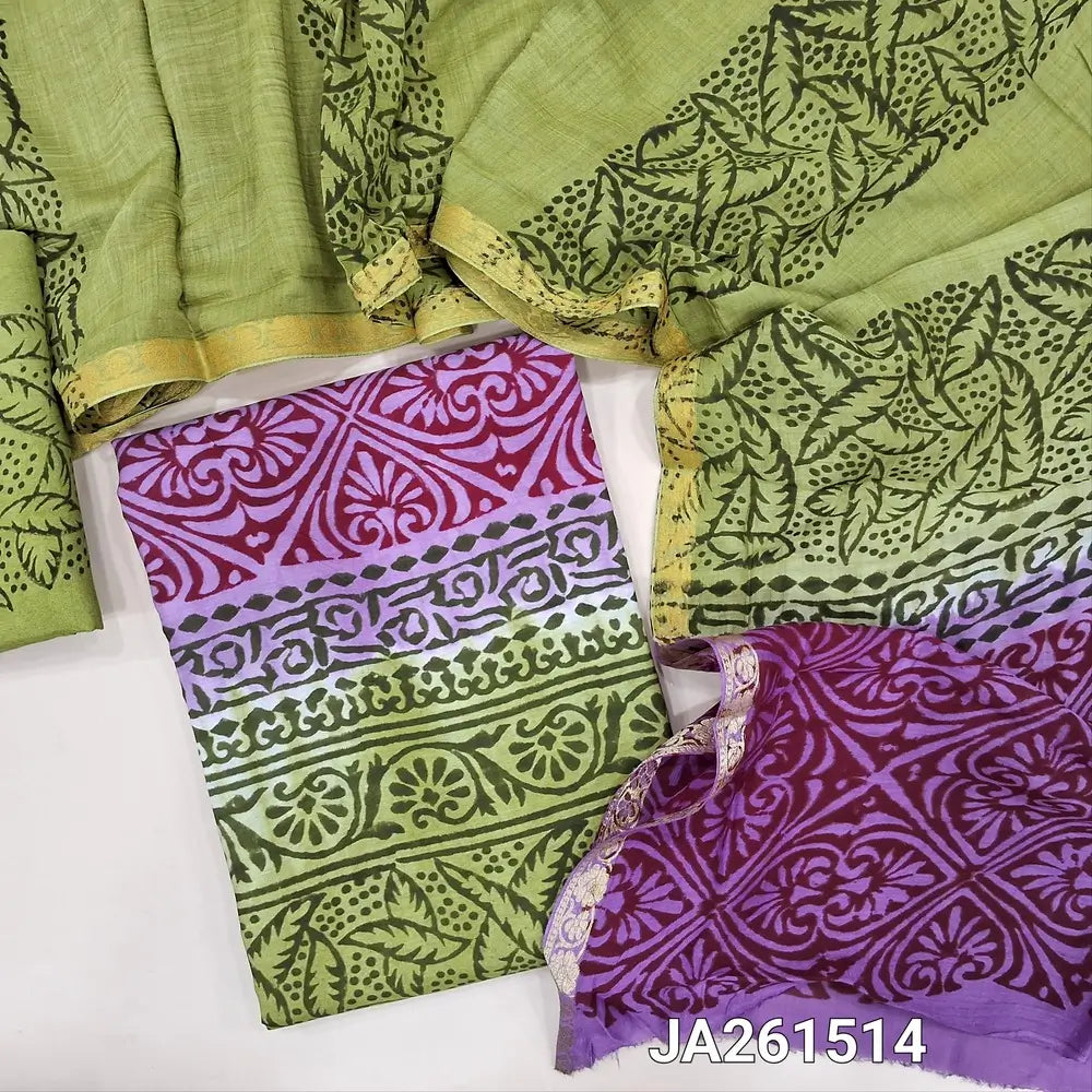 Green& Maroon uppada silk unstitched salwar material (lining needed) hand block printed allover, printed santoon bottom, hand block printed dual shade uppada silk dupatta (TAPING NEEDED). JA261514 (there will be inconsistency of color and block prints)