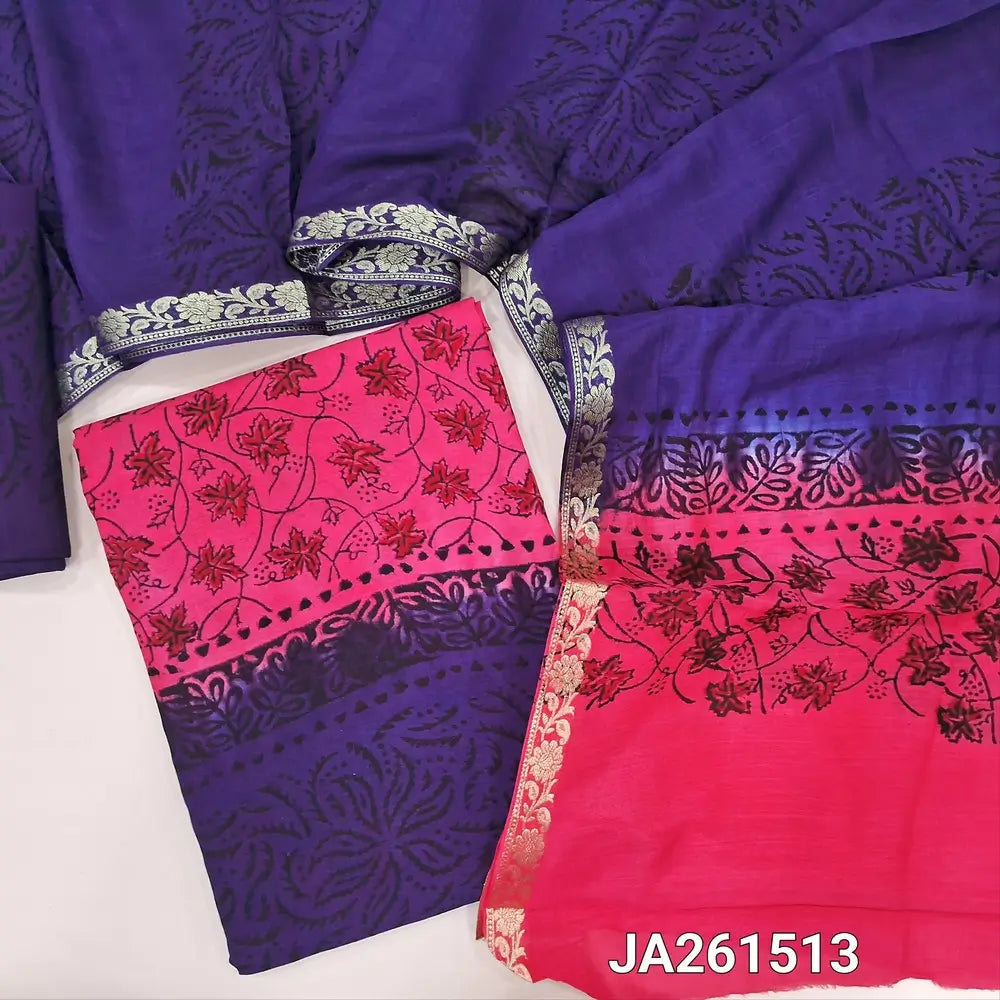 Blue & Pink uppada silk unstitched salwar material (lining needed) hand block printed allover, printed santoon bottom, hand block printed dual shade uppada silk dupatta (TAPING NEEDED). JA261513 (there will be inconsistency of color and block prints)