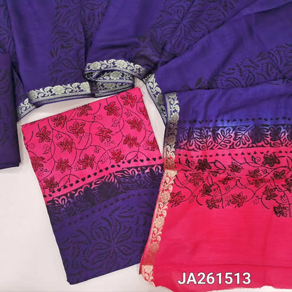 Blue & Pink uppada silk unstitched salwar material (lining needed) hand block printed allover, printed santoon bottom, hand block printed dual shade uppada silk dupatta (TAPING NEEDED). JA261513 (there will be inconsistency of color and block prints)