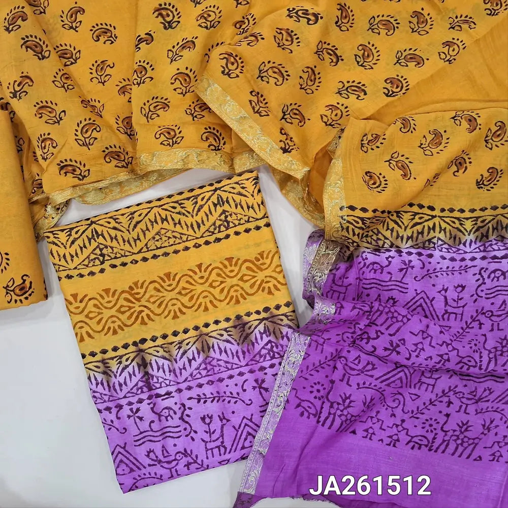 Yellow & Purple uppada silk unstitched salwar material (lining needed) hand block printed allover, printed santoon bottom, hand block printed dual shade uppada silk dupatta (TAPING NEEDED). JA261512 (there will be inconsistency of color and block prints)