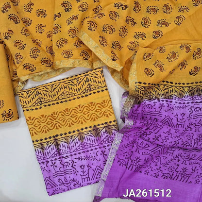 Yellow & Purple uppada silk unstitched salwar material (lining needed) hand block printed allover, printed santoon bottom, hand block printed dual shade uppada silk dupatta (TAPING NEEDED). JA261512 (there will be inconsistency of color and block prints)
