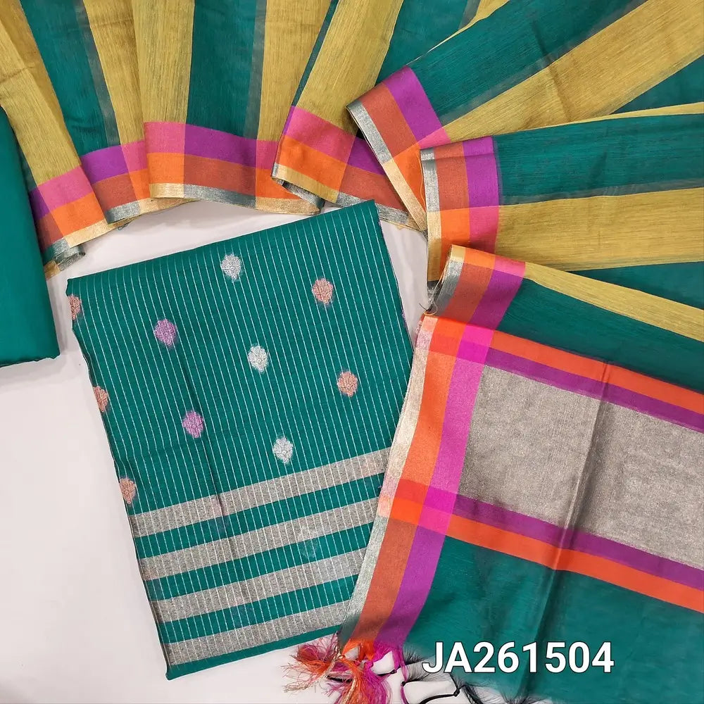 Dark teal Green premium silk cotton unstitched salwar material (lining needed) zari buttas, zari lines allover, matching silk cotton bottom, dual shaded silk cotton dupatta with tissue pallu & tassels. JA261504
