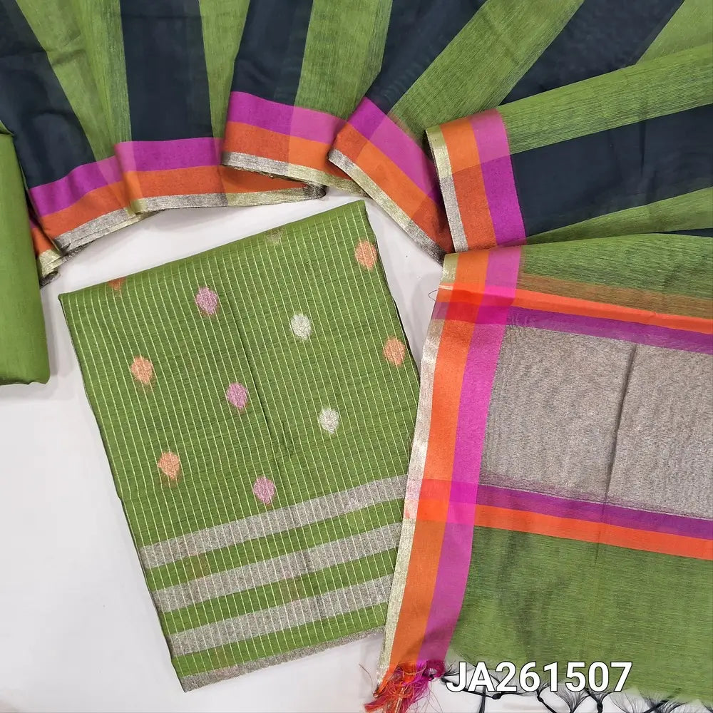 Leafy Green premium silk cotton unstitched salwar material (lining needed) zari buttas, zari lines allover, matching silk cotton bottom, dual shaded silk cotton dupatta with tissue pallu & tassels. JA261507