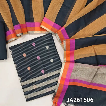 Black premium silk cotton unstitched salwar material (lining needed) zari buttas, zari lines allover, matching silk cotton bottom, dual shaded silk cotton dupatta with tissue pallu & tassels. JA261506