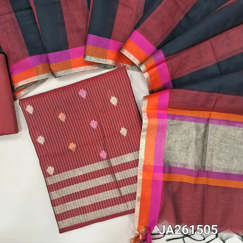 Maroon premium silk cotton unstitched salwar material (lining needed) zari buttas, zari lines allover, matching silk cotton bottom, dual shaded silk cotton dupatta with tissue pallu & tassels. JA261505