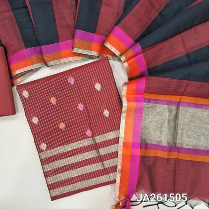 Maroon premium silk cotton unstitched salwar material (lining needed) zari buttas, zari lines allover, matching silk cotton bottom, dual shaded silk cotton dupatta with tissue pallu & tassels. JA261505