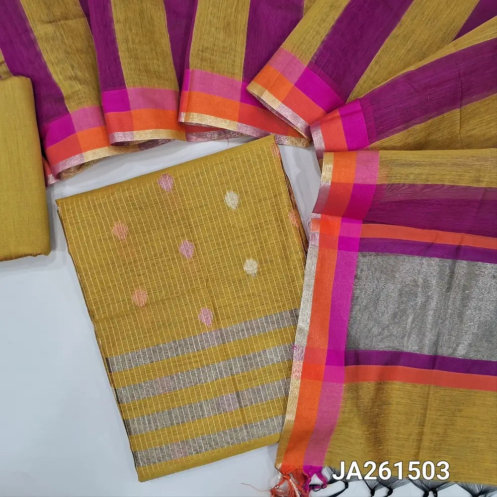 Mehandhi Yellow premium silk cotton unstitched salwar material (lining needed) zari buttas, zari lines allover, matching silk cotton bottom, dual shaded silk cotton dupatta with tissue pallu & tassels. JA261503