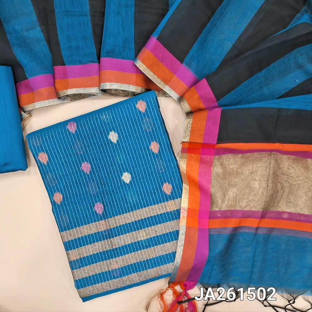 Turquoise Blue premium silk cotton unstitched salwar material (lining needed) zari buttas, zari lines allover, matching silk cotton bottom, dual shaded silk cotton dupatta with tissue pallu & tassels. JA261502