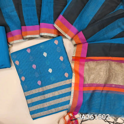 Turquoise Blue premium silk cotton unstitched salwar material (lining needed) zari buttas, zari lines allover, matching silk cotton bottom, dual shaded silk cotton dupatta with tissue pallu & tassels. JA261502