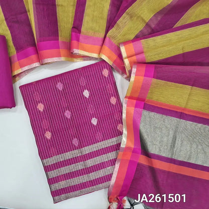 Rani Pink silk cotton unstitched salwar material (lining needed) zari buttas, zari lines allover, matching silk cotton bottom, dual shaded silk cotton dupatta with tissue pallu & tassels. JA261501