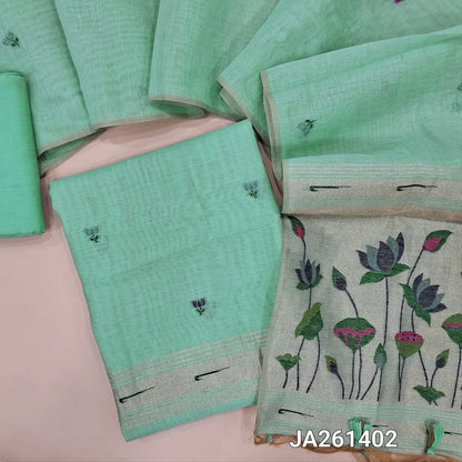 Designer paithani woven pastel Blue premium silk cotton unstitched salwar material(lining needed) thread woven design allover, matching silk cotton bottom, thread woven premium silk cotton full length dupatta with paithani pallu & tassels. JA261402