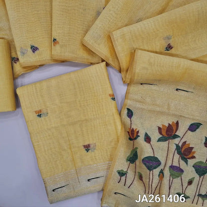 Designer paithani woven pastel Yellow premium silk cotton unstitched salwar material (lining needed) thread woven design allover, matching silk cotton bottom, thread woven premium silk cotton full length dupatta with paithani pallu & tassels. JA261406