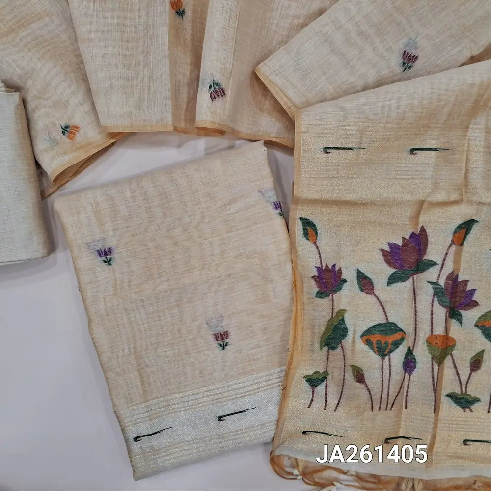 Designer paithani woven rich Beige premium silk cotton unstitched salwar material (lining needed) thread woven design allover, matching silk cotton bottom, thread woven premium silk cotton full length dupatta with paithani pallu & tassels. JA261405