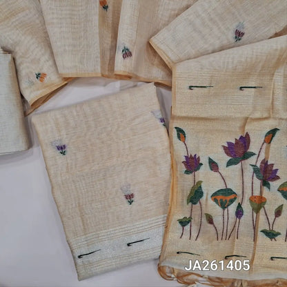 Designer paithani woven rich Beige premium silk cotton unstitched salwar material (lining needed) thread woven design allover, matching silk cotton bottom, thread woven premium silk cotton full length dupatta with paithani pallu & tassels. JA261405