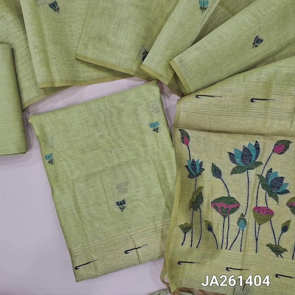 Designer paithani woven pastel Green premium silk cotton unstitched salwar material (lining needed) thread woven design allover, matching silk cotton bottom, thread woven premium silk cotton full length dupatta with paithani pallu & tassels. JA261404