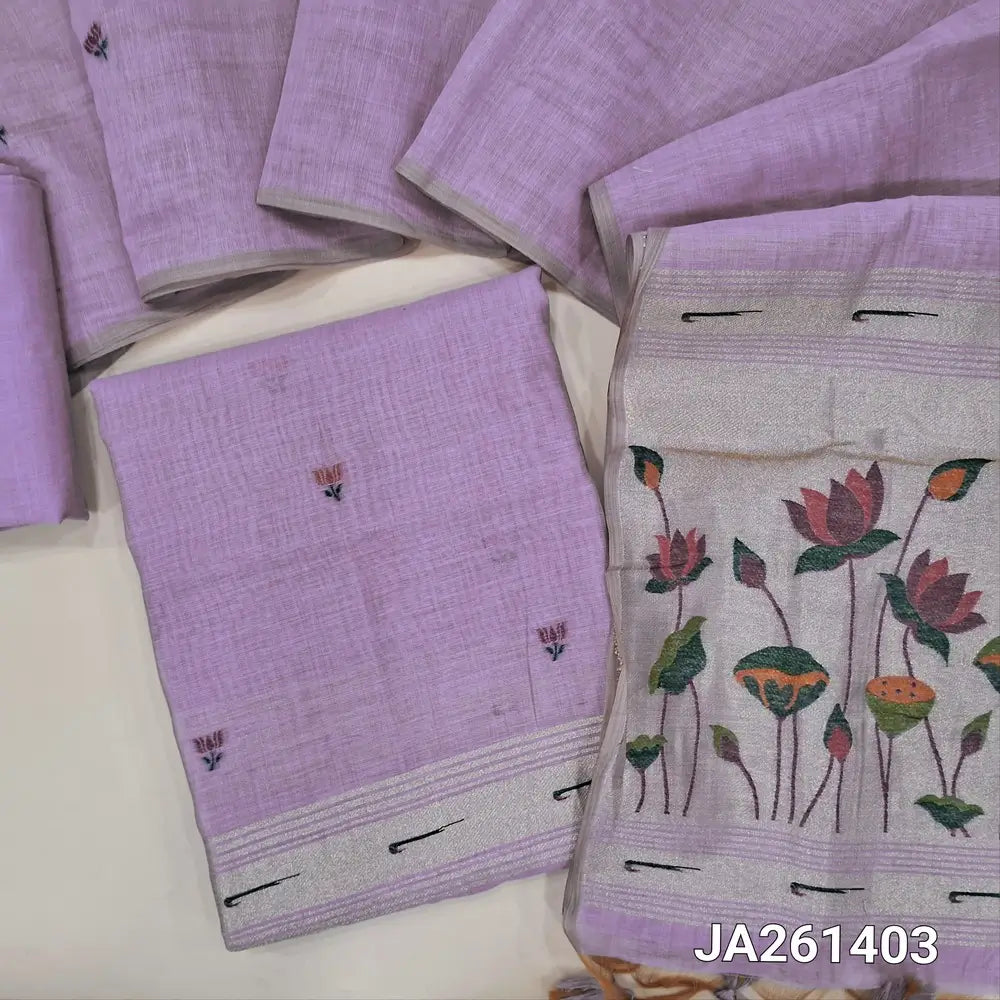 Designer paithani woven Lavender premium silk cotton unstitched salwar material (lining needed) thread woven design allover, matching silk cotton bottom, thread woven premium silk cotton full length dupatta with paithani pallu & tassels. JA261403