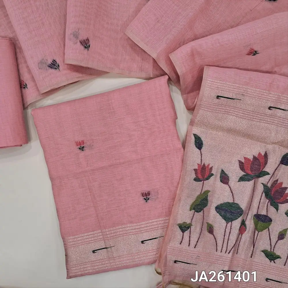 Designer paithani woven pastel Pink premium silk cotton unstitched salwar material (lining needed) thread woven design allover, matching silk cotton bottom, thread woven premium silk cotton full length dupatta with paithani pallu & tassels. JA261401