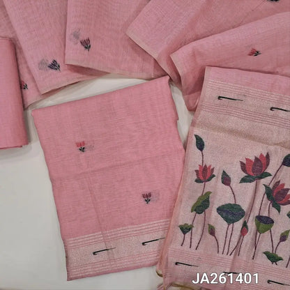 Designer paithani woven pastel Pink premium silk cotton unstitched salwar material (lining needed) thread woven design allover, matching silk cotton bottom, thread woven premium silk cotton full length dupatta with paithani pallu & tassels. JA261401