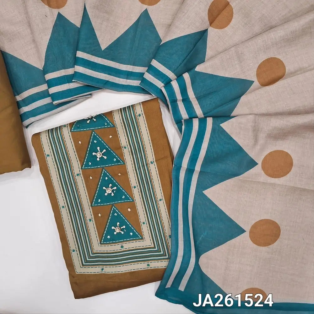 Printed mehandhi Yellow soft satin cotton unstitched salwar material (lining optional) thread & sequins work on yoke, matching spun cotton bottom, printed fancy semi linen dupatta. JA261524