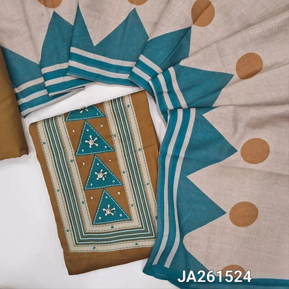 Printed mehandhi Yellow soft satin cotton unstitched salwar material (lining optional) thread & sequins work on yoke, matching spun cotton bottom, printed fancy semi linen dupatta. JA261524