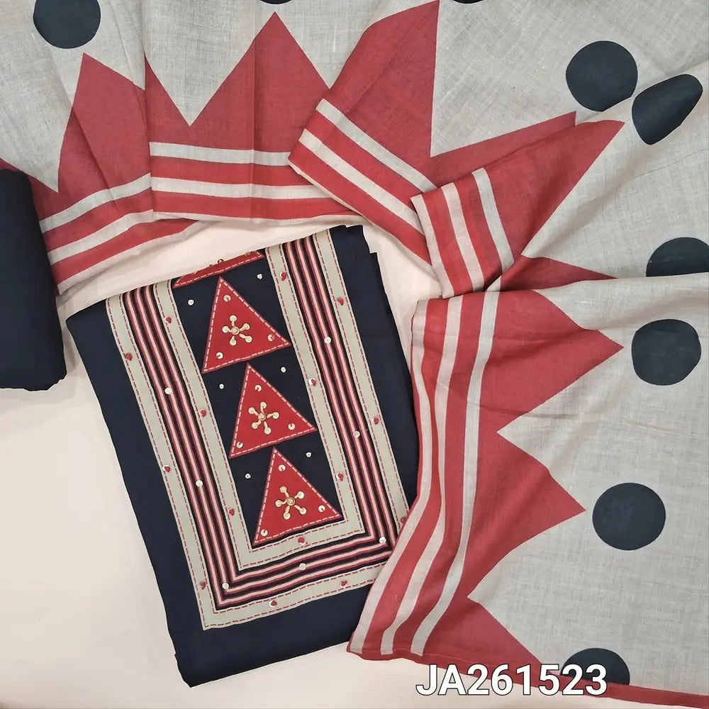 Printed Black soft satin cotton unstitched salwar material (lining optional) thread & sequins work on yoke, matching spun cotton bottom, printed fancy semi linen dupatta. JA261523