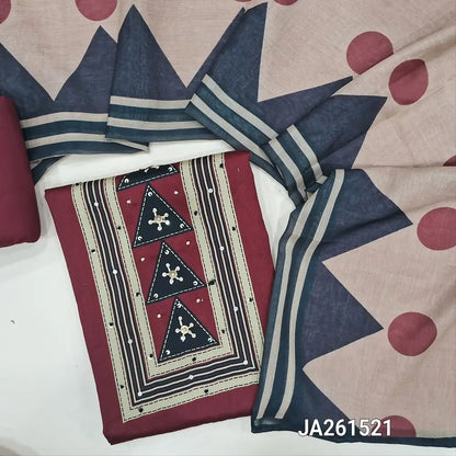 Printed dark Maroon soft satin cotton unstitched salwar material (lining optional) thread & sequins work on yoke, matching spun cotton bottom, printed fancy semi linen dupatta. JA261521