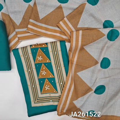 Printed teal Blue soft satin cotton unstitched salwar material (lining optional) thread & sequins work on yoke, matching spun cotton bottom, printed fancy semi linen dupatta. JA261522