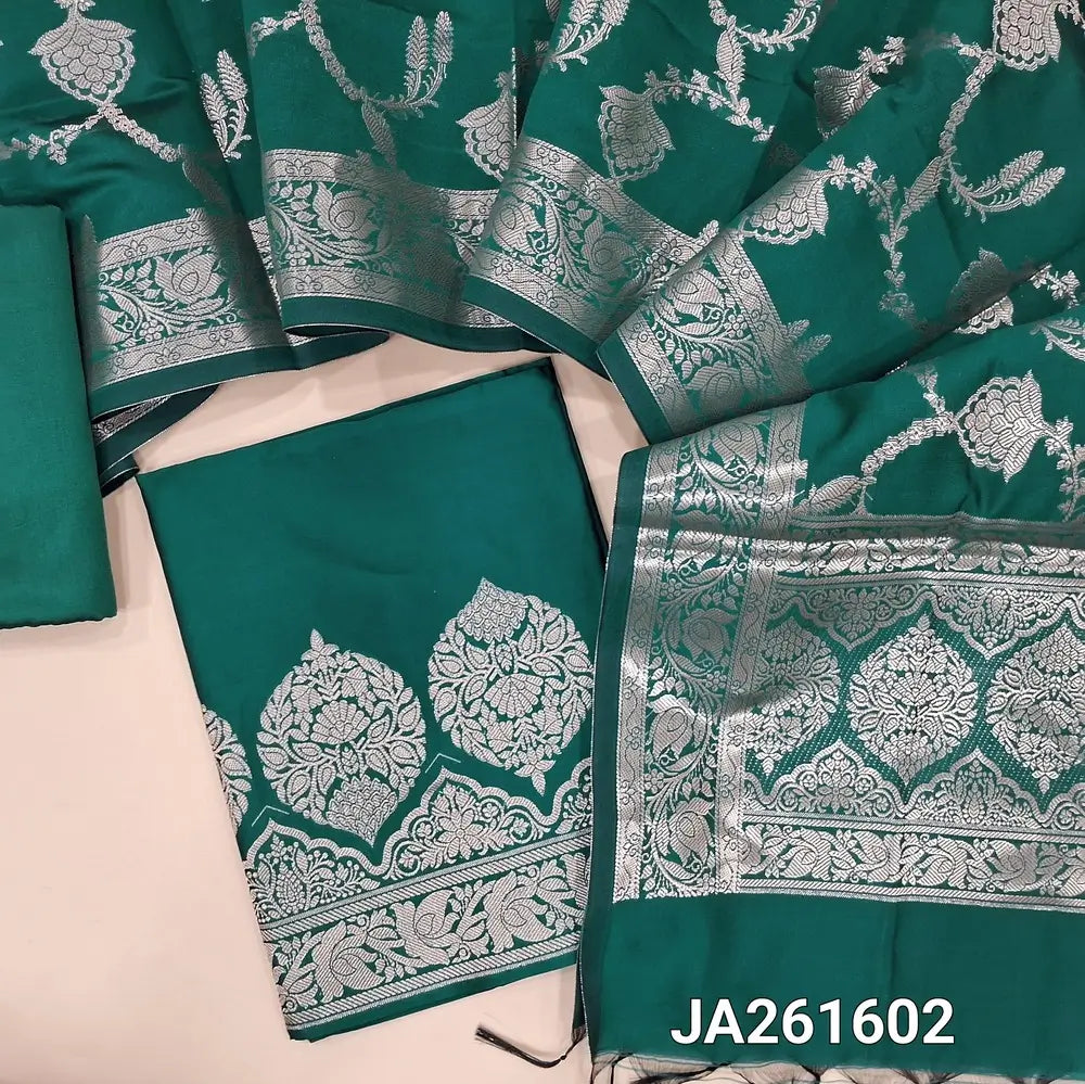 Premium peacock Green soft silk cotton unstitched salwar material (lining needed) zari woven design on daman, matching silk cotton bottom, rich zari woven silk cotton dupatta with tassels.JA261602
