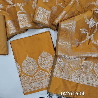 Premium Mehandhi Yellow soft silk cotton unstitched salwar material (lining needed) zari woven design on daman, matching silk cotton bottom, rich zari woven silk cotton dupatta with tassels. JA261604