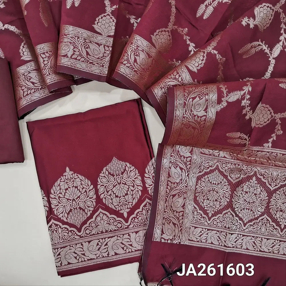 Premium Maroon soft silk cotton unstitched salwar material (lining needed) zari woven design on daman, matching silk cotton bottom, rich zari woven silk cotton dupatta with tassels.JA261603