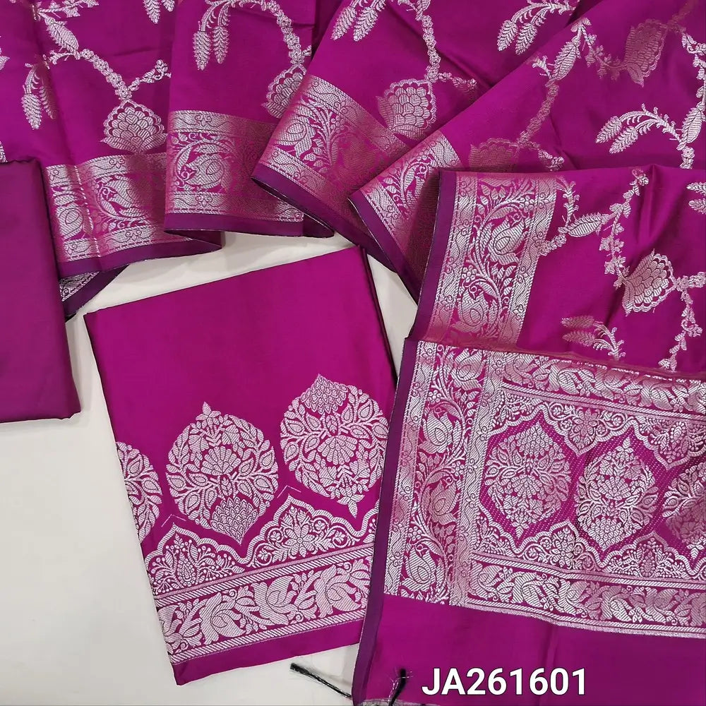 Premium rani Pink soft silk cotton unstitched salwar material (lining needed) zari woven design on daman, matching silk cotton bottom, rich zari woven silk cotton dupatta with tassels.JA261601