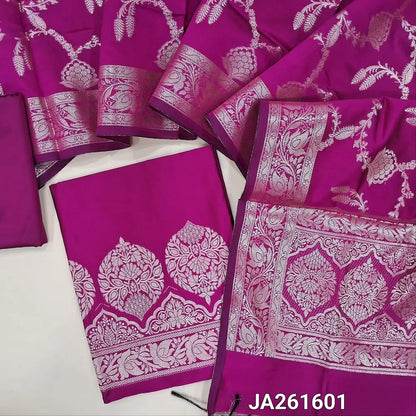 Premium rani Pink soft silk cotton unstitched salwar material (lining needed) zari woven design on daman, matching silk cotton bottom, rich zari woven silk cotton dupatta with tassels.JA261601