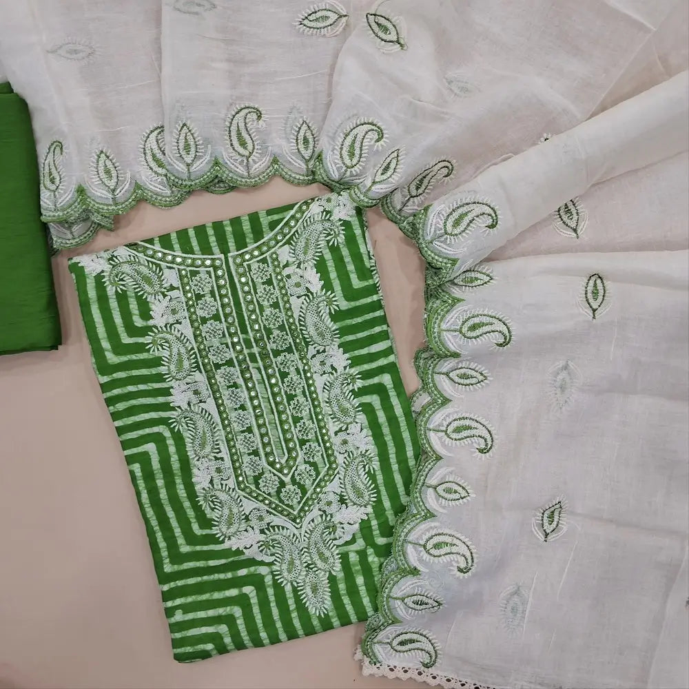 Leafy green modal wax batik dyed unstitched salwar material, foil work on yoke (Lining Needed) Matching silky bottom, embroidered soft cotton dupatta. JA261709