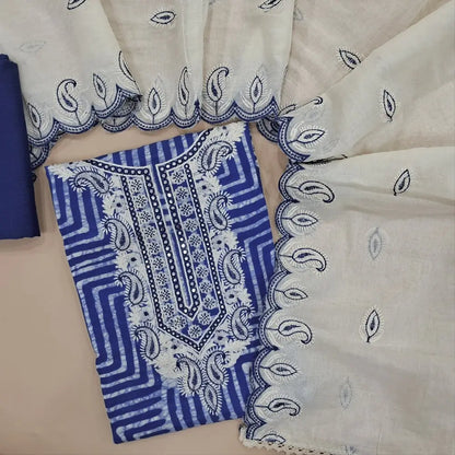 Ink Blue modal wax batik dyed unstitched salwar material, foil work on yoke (Lining Needed) Matching silky bottom, embroidered soft cotton dupatta. JA261708