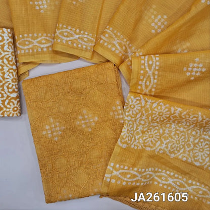wax batik dyed Mehandhi Yellow kota silk cotton unstitched salwar material (lining needed) embroidery work on front, wax batik dyed santoon bottom, batik dyed kota silk cotton full length dupatta with lace tapings. JA261605