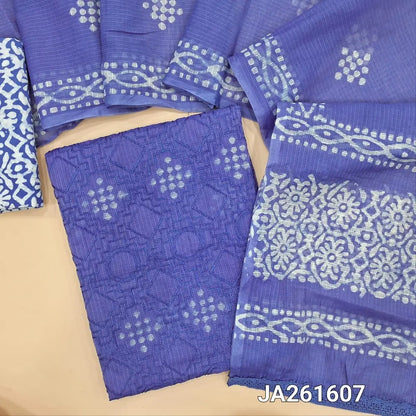 wax batik dyed Purplish Blue kota silk cotton unstitched salwar material (lining needed) embroidery work on front, wax batik dyed santoon bottom, batik dyed kota silk cotton full length dupatta with lace tapings. JA261607