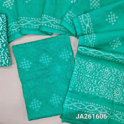 wax batik dyed Turquoise Blue kota silk cotton unstitched salwar material (lining needed) embroidery work on front, wax batik dyed santoon bottom, batik dyed kota silk cotton full length dupatta with lace tapings. JA261606