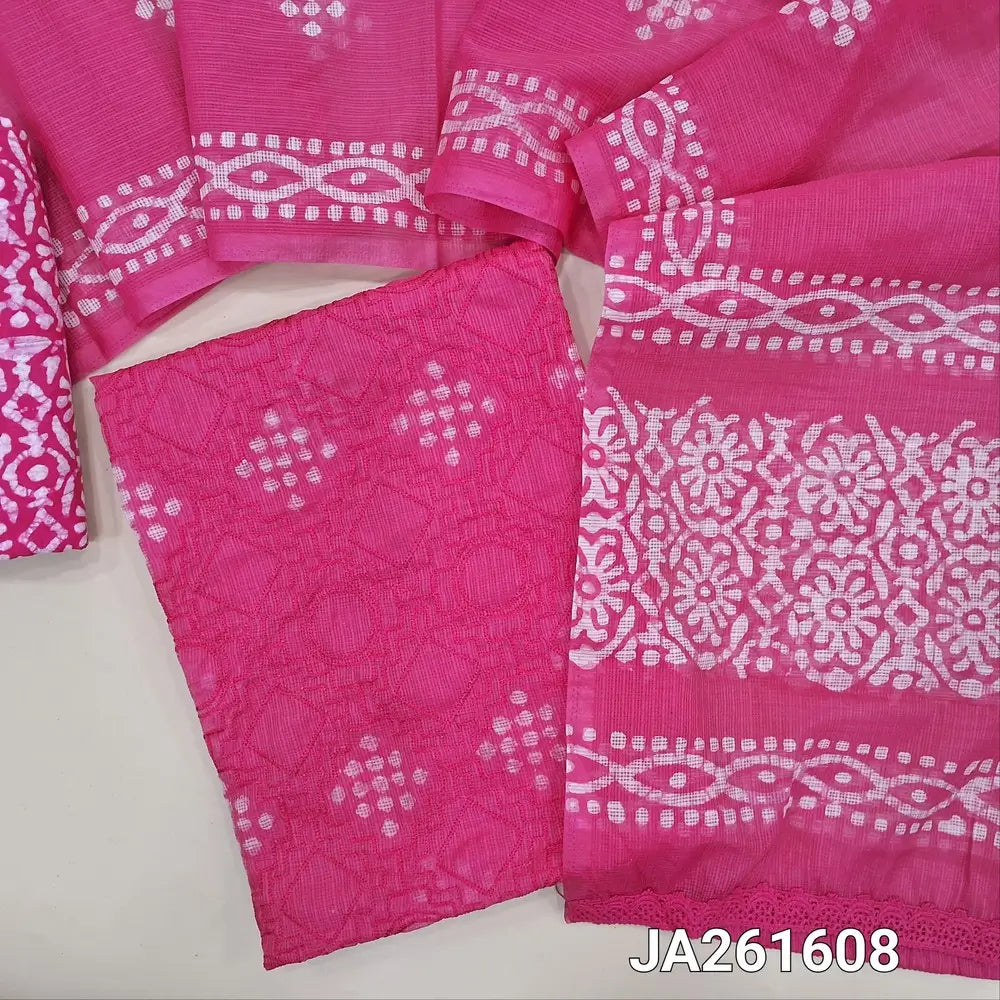 wax batik dyed bright Pink kota silk cotton unstitched salwar material (lining needed) embroidery work on front, wax batik dyed santoon bottom, batik dyed kota silk cotton full length dupatta with lace tapings. JA261608