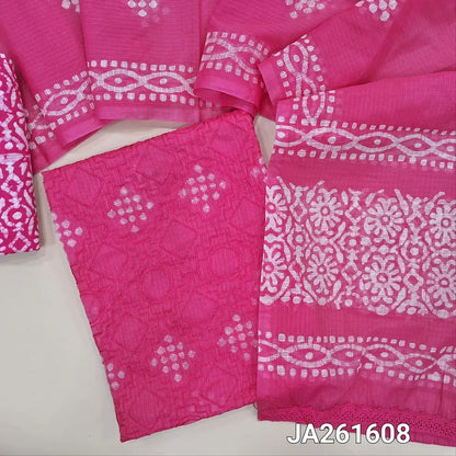 wax batik dyed bright Pink kota silk cotton unstitched salwar material (lining needed) embroidery work on front, wax batik dyed santoon bottom, batik dyed kota silk cotton full length dupatta with lace tapings. JA261608
