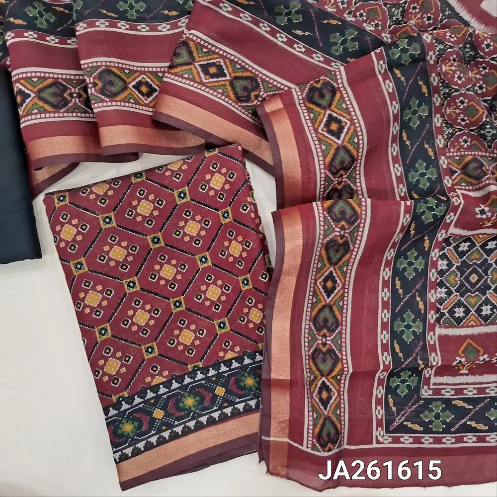 Patola printed Maroon premium silk cotton unstitched salwar material (lining needed) double side zari borders, black cotton bottom, printed premium silk cotton full length dupatta(TAPING NEEDED). JA261615