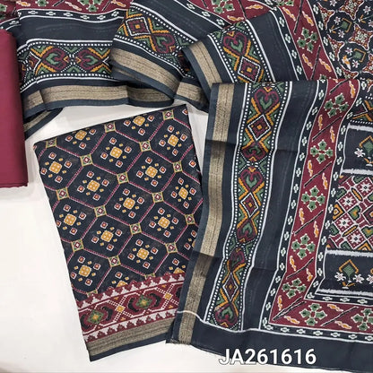 Patola printed Black premium silk cotton unstitched salwar material (lining needed) double side zari borders, maroon cotton bottom, printed premium silk cotton  full length dupatta(TAPING NEEDED). JA261616