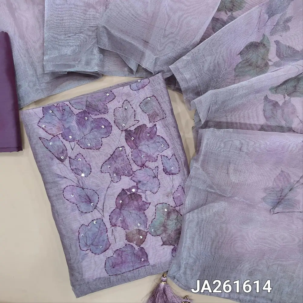 Lavender & silver tint tissue silk cotton unstitched salwar material (lining needed) florl print, sequins work on yoke, dark purple silk cotton bottom, floral print tissue silk cotton dupatta. JA261614
