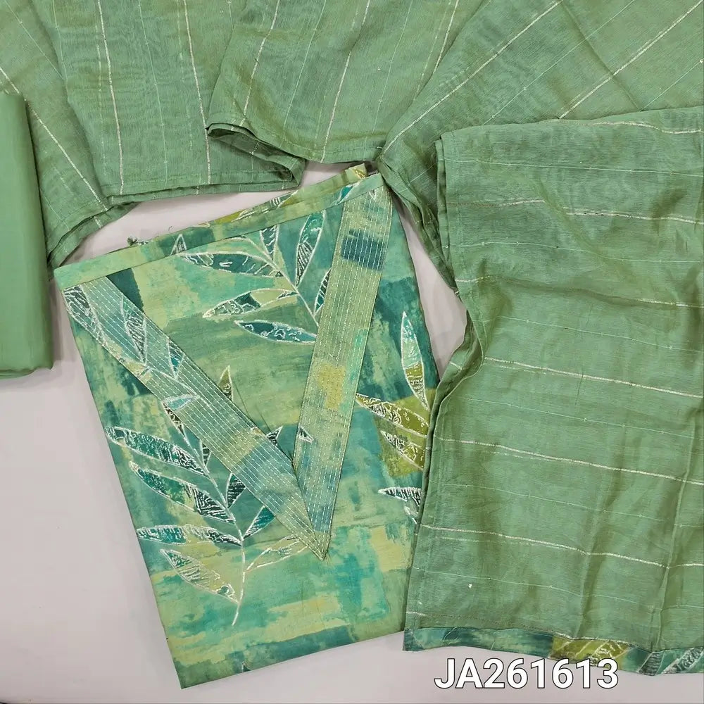 Digital abstract printed Green soft silk cotton unstitched salwar material (lining needed) v neck, matching silky bottom, zari lines on fancy silk cotton dupatta. JA261613