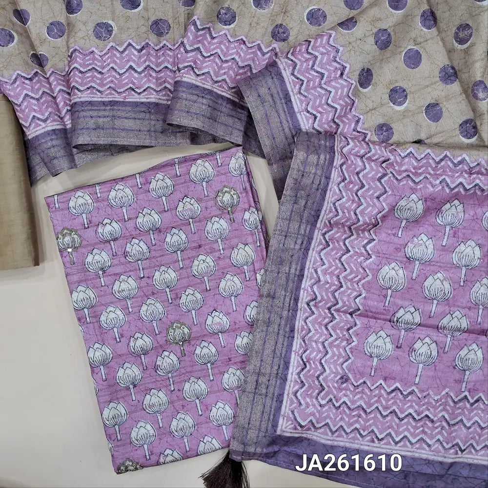 Floral printed Lavender premium semi tussar unstitched salwar material (lining needed) embroidery work on front, beige silk cotton bottom, polka dots semi tussar dupatta with floral print pallu. JA261610