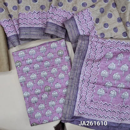 Floral printed Lavender premium semi tussar unstitched salwar material (lining needed) embroidery work on front, beige silk cotton bottom, polka dots semi tussar dupatta with floral print pallu. JA261610