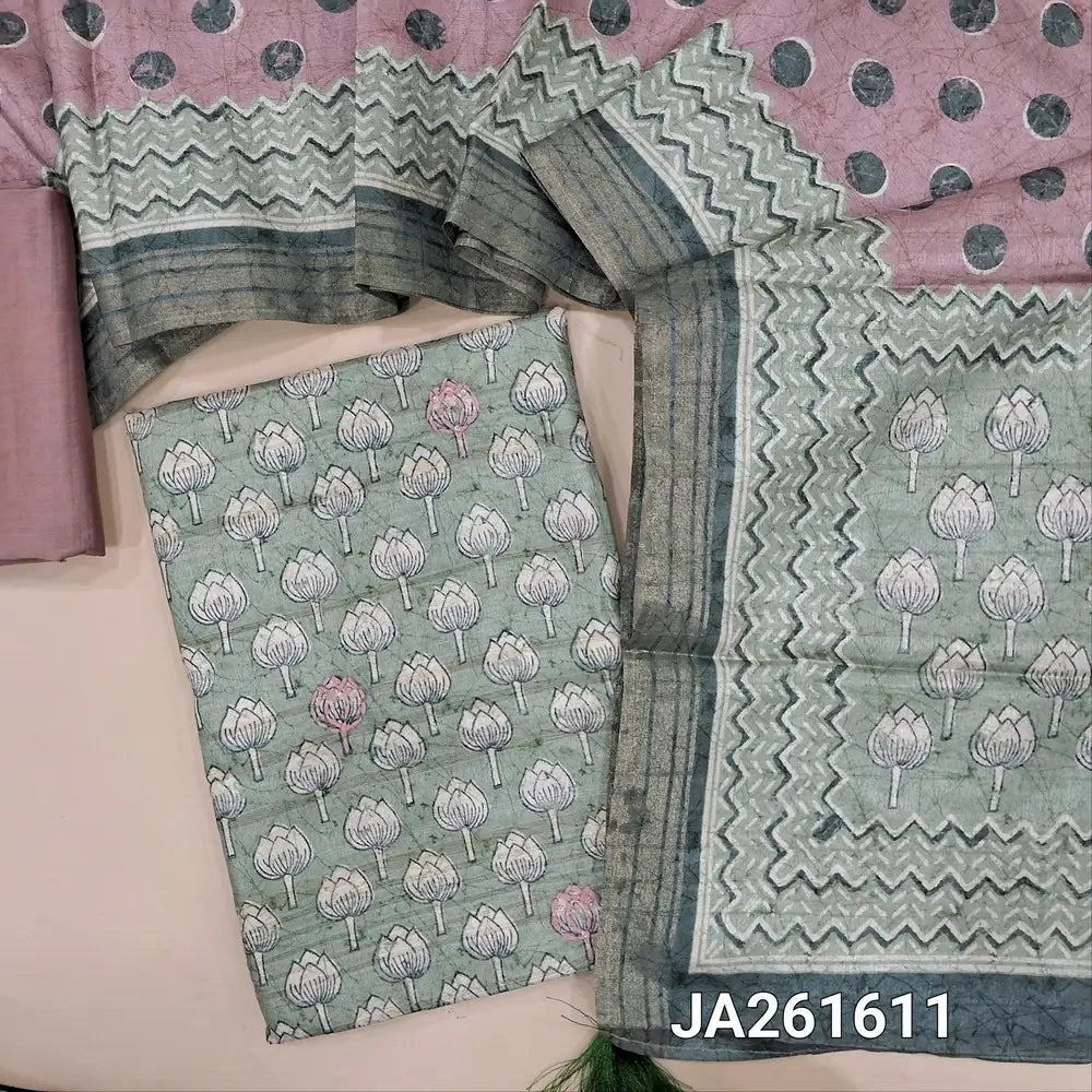 Floral printed sage Green premium semi tussar unstitched salwar material (lining needed) embroidery work on front, salmon pink silk cotton bottom, polka dots semi tussar dupatta with floral print pallu. JA261611